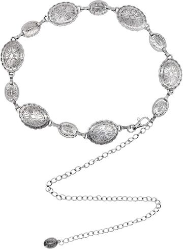 Wildox Women Metal Chain Belt, Western Oval Concho Chain Belt for Women Dresses Jeans,Adjustable Silver Metal Belts in Kuwait