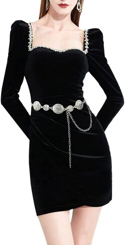 Wildox Women Metal Chain Belt, Western Oval Concho Chain Belt for Women Dresses Jeans,Adjustable Silver Metal Belts in Kuwait