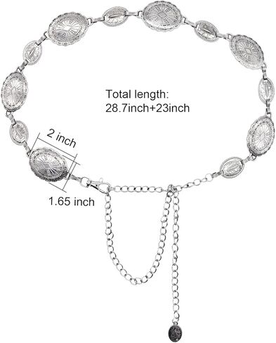 Wildox Women Metal Chain Belt, Western Oval Concho Chain Belt for Women Dresses Jeans,Adjustable Silver Metal Belts in Kuwait