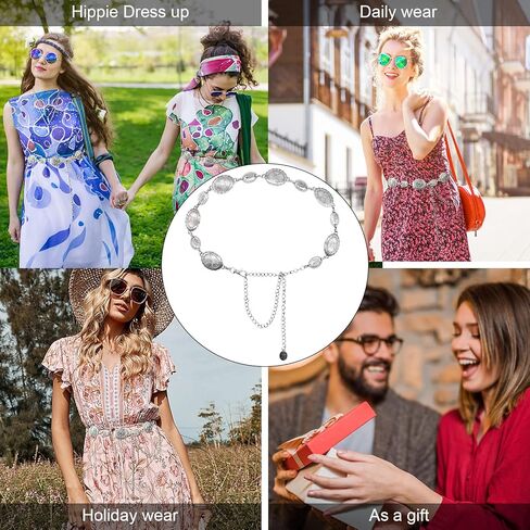 Wildox Women Metal Chain Belt, Western Oval Concho Chain Belt for Women Dresses Jeans,Adjustable Silver Metal Belts in Kuwait