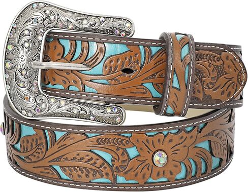 WOWOGO Western Belts for Women Cowboy Cowgirl Floral Engraved Leather Belt Strap Vintage Embossed Rhinestone Buckle in Saudi Arabia