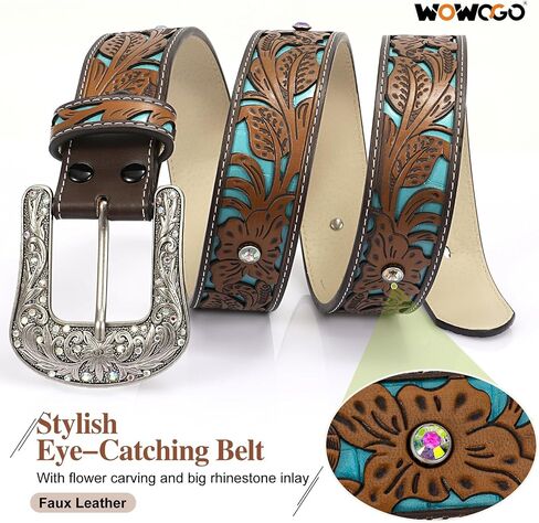 WOWOGO Western Belts for Women Cowboy Cowgirl Floral Engraved Leather Belt Strap Vintage Embossed Rhinestone Buckle in Saudi Arabia