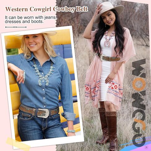 WOWOGO Western Belts for Women Cowboy Cowgirl Floral Engraved Leather Belt Strap Vintage Embossed Rhinestone Buckle in Saudi Arabia