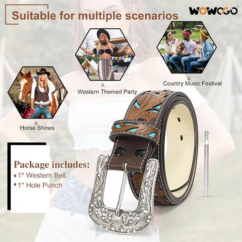 WOWOGO Western Belts for Women Cowboy Cowgirl Floral Engraved Leather Belt Strap Vintage Embossed Rhinestone Buckle in Saudi Arabia