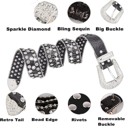 VXRXAL Men Fashion Rhinestone Belt Western Bling Studded Design Leather Diamond Belt for Jeans in Kuwait