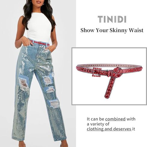 TINIDI أحزمة رفيعة للنساء من الجلد وحزام فاخر مرصع بأحجار الراين وحزام خصر لامع in Kuwait