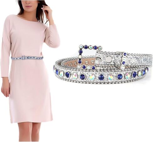 TINIDI Womens Thin Belts Skinny Leather Belt Luxury Strap Rhinestones Studded Bling Waist Belt in Kuwait