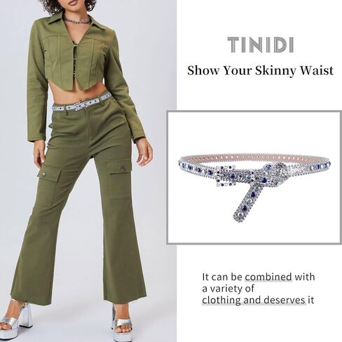 TINIDI Womens Thin Belts Skinny Leather Belt Luxury Strap Rhinestones Studded Bling Waist Belt in Kuwait