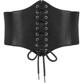 Black Corset Waist Belt for Women Tied Waspie Belt Lace-up Cinch Belt Elastic Wide Belt for Halloween Theme Party
