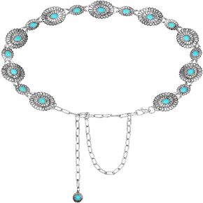 Tarpop Western Concho Chain Belt for Women Silver Belt Metal Waist Stone Chain Belt with Buckle for Dresses(Blue,Round Style) in Kuwait