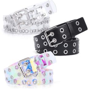 WERFORU Clear Double Grommet Belts With Holes for Women Teens E Girls Transparent PVC Belt for Jeans Pants Thanksgiving Day(pants size below 42 Inches, clear+holographic+black) in Saudi Arabia