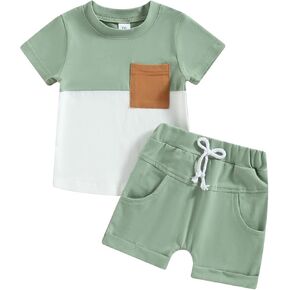 Adobabirl Baby Boy Shorts Set Summer Clothes Short Sleeve Striped Pocket Tshirt and Shorts Casual Toddler Boy Outfits in Kuwait