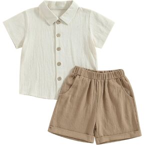Karuedoo Toddler Baby Boy Clothes Cotton Linen Short Sleeve Button Down Shirt Shorts Set 2Pcs Summer Outfits
