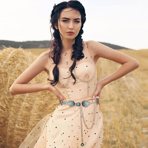 حزام سلسلة كونشو من الفيروزي الغربي للنساء فضي فيروزي حزام معدني خصر سلسلة مع مشبك للفساتين in Saudi Arabia