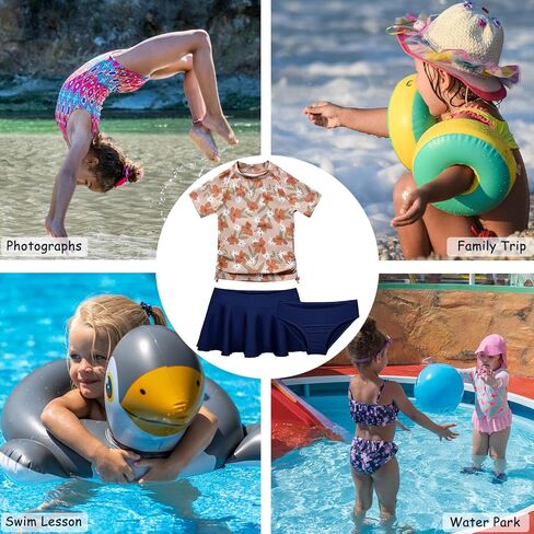 طقم سباحة Cadocado Girls Chic 3 قطع من ملابس السباحة Rash Guard بعامل حماية من الأشعة فوق البنفسجية 50+ بأكمام قصيرة وزهور in Kuwait
