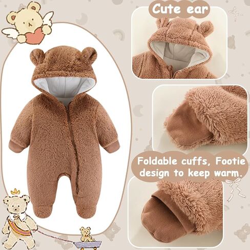 UVIPC Newborn Baby Bear Fleece Outfit Footie Jumpsuit Winter Romper Snowsuit outfit Bear Suit Warm Hooded Outfits in Saudi Arabia