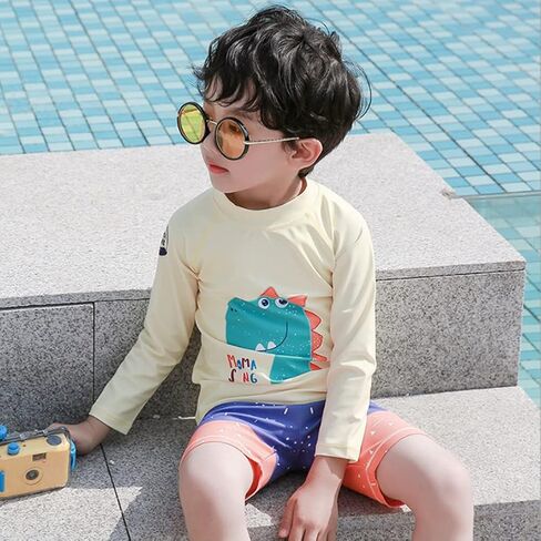 طقم ملابس سباحة للأطفال الأولاد من Rash Guard بأكمام طويلة UPF50+ بدلة سباحة ديناصور صفراء مع قبعة شمسية 1-7 سنوات in Kuwait