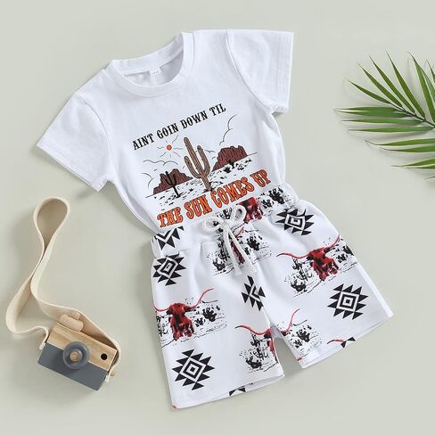 Kupretty Baby Boy Clothes Toddler Fishing Tee Shirt Shorts Set | 3 6 12 18 24 Months 2T 3T 4T Clothing Set Toddler Summer Outfit Fish T-Shirt Shorts Go Fishing with Daddy in Saudi Arabia