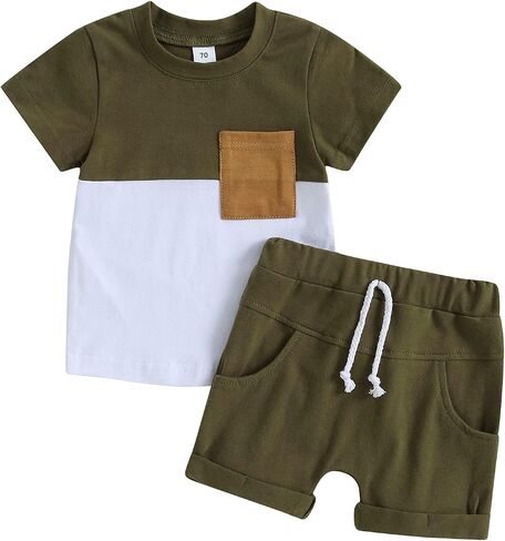 Adobabirl Baby Boy Shorts Set Summer Clothes Short Sleeve Striped Pocket Tshirt and Shorts Casual Toddler Boy Outfits in Kuwait