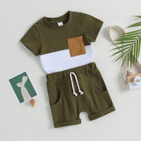 Adobabirl Baby Boy Shorts Set Summer Clothes Short Sleeve Striped Pocket Tshirt and Shorts Casual Toddler Boy Outfits in Kuwait