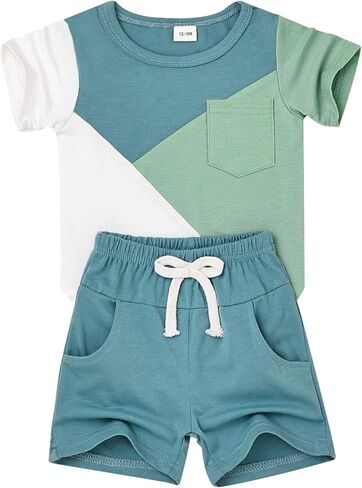 DOMOABEI Baby Boy Clothes Toddler Boy Summer Outfits Short Sleeve Patchwork T-Shirt & Shorts Boy Clothes Set 12 Months-4T in Saudi Arabia