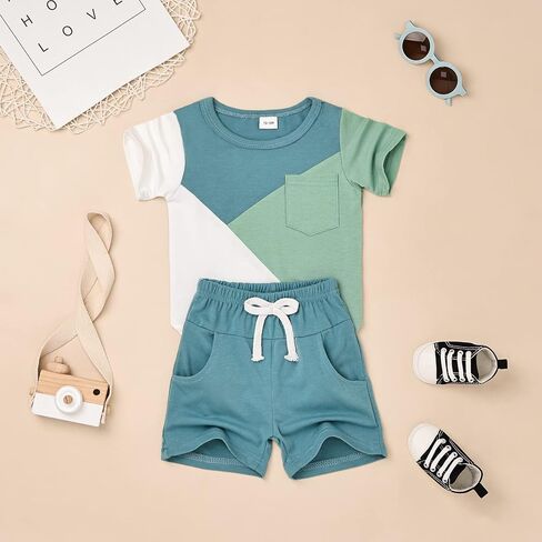 DOMOABEI Baby Boy Clothes Toddler Boy Summer Outfits Short Sleeve Patchwork T-Shirt & Shorts Boy Clothes Set 12 Months-4T in Saudi Arabia