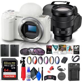 Sony ZV-E10 Mirrorless Camera (Body Only, White) (ILCZV-E10/W) + Sony 18-105mm Lens + 64GB Memory Card + Color Filter Kit + Filter Kit + Corel Photo Software + Bag + NPF-W50 Battery + More (Renewed) in Kuwait