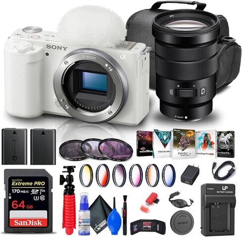 Sony ZV-E10 Mirrorless Camera (Body Only, White) (ILCZV-E10/W) + Sony 18-105mm Lens + 64GB Memory Card + Color Filter Kit + Filter Kit + Corel Photo Software + Bag + NPF-W50 Battery + More (Renewed) in Kuwait