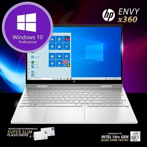 New HP Envy x360 2020,15.6 Full HD Touch,Intel i7-10510U Quadcore 10th Gen,NVIDIA MX330(4 GB),1TB SSD,16GB RAM,Win 10 Pro, B&O Speakers,Fingerprnt,HP WTY, 64GB Tech Warehouse LLC Flash Drive in Saudi Arabia