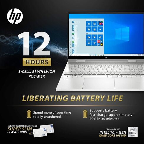 New HP Envy x360 2020,15.6 Full HD Touch,Intel i7-10510U Quadcore 10th Gen,NVIDIA MX330(4 GB),1TB SSD,16GB RAM,Win 10 Pro, B&O Speakers,Fingerprnt,HP WTY, 64GB Tech Warehouse LLC Flash Drive in Saudi Arabia