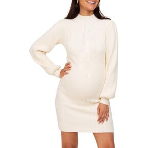 Lueluoye Maternity Sweater Dress for Pregnant Women Turtleneck Puff Sleeve Knit Slim Fit Bodycon Mini Dress in Kuwait