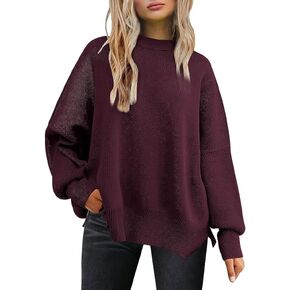 EFAN Women's Crewneck Oversized Sweaters Batwing Sleeve Side Slit Ribbed Knit Pullover Sweater