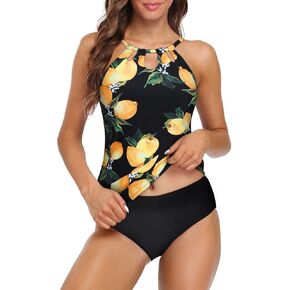 Hilor Women's Tankini Swimsuits High Neck Two Piece Bathing Suits Keyhole Swimwear Tankini with Shorts