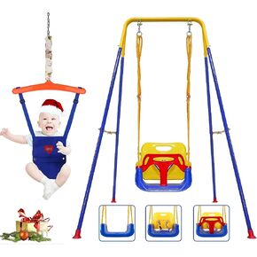 مجموعة ارجوحة للاطفال الصغار 3 في 1 مع قفز للاطفال، ارجوحة اطفال مع نطاط للعب في الاماكن المغلقة والمفتوحة، مقعد امان قوي وحامل ارجوحة معدني قابل للطي، سهلة التجميع والتخزين في المنزل والمرآب in Kuwait