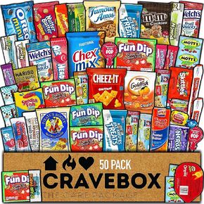CRAVEBOX Snack Box Variety Pack Care Package (50 Count) Treats Gift Basket Boxes Pack Adults Kids Grandkids Guys Girls Women Men Boyfriend Candy Birthday Cookies Chips Teenage Mix College Student Food Sampler Office Back to School