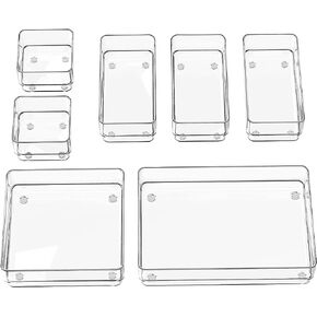 SMARTAKE 7-Piece Drawer Organizer with Non-Slip Silicone Pads, 4-Size Desk Drawer Organizer Trays Storage Tray for Makeup, Jewelries, Utensils in Bedroom Dresser, Office and Kitchen (Clear)
