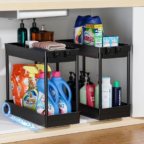 2 Pack Under Sink Organizer, 2 Tier Bathroom Cabinet Organizers and Storage with Hook, Multi-purpose Storage Basket Shelf for Kitchen, Black in Saudi Arabia
