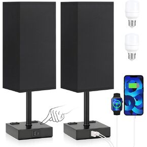 aooshine Black Set of 2 Touch Lamp with USB Port-Nightstand Lamp with USB-C+A Charge Ports& AC Outlets, 3-Way Dimmable Bedside Lamp with Shade,Small Table Lamp for Bedroom Living Room(Bulb Included)