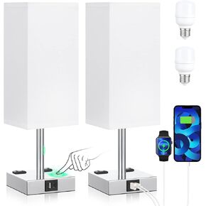 aooshine Black Set of 2 Touch Lamp with USB Port-Nightstand Lamp with USB-C+A Charge Ports& AC Outlets, 3-Way Dimmable Bedside Lamp with Shade,Small Table Lamp for Bedroom Living Room(Bulb Included)