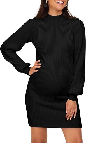 Lueluoye Maternity Sweater Dress for Pregnant Women Turtleneck Puff Sleeve Knit Slim Fit Bodycon Mini Dress in Kuwait