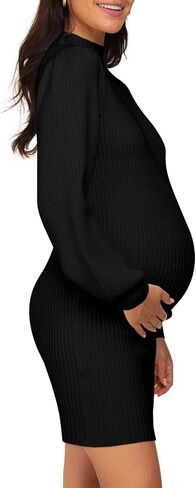 Lueluoye Maternity Sweater Dress for Pregnant Women Turtleneck Puff Sleeve Knit Slim Fit Bodycon Mini Dress in Kuwait