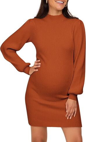 Lueluoye Maternity Sweater Dress for Pregnant Women Turtleneck Puff Sleeve Knit Slim Fit Bodycon Mini Dress in Kuwait