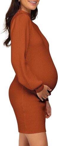 Lueluoye Maternity Sweater Dress for Pregnant Women Turtleneck Puff Sleeve Knit Slim Fit Bodycon Mini Dress in Kuwait