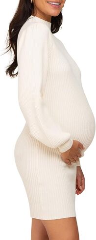 Lueluoye Maternity Sweater Dress for Pregnant Women Turtleneck Puff Sleeve Knit Slim Fit Bodycon Mini Dress in Kuwait