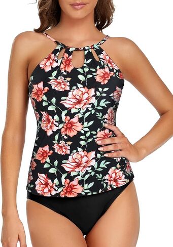 Hilor Women's Tankini Swimsuits High Neck Two Piece Bathing Suits Keyhole Swimwear Tankini with Shorts in Saudi Arabia