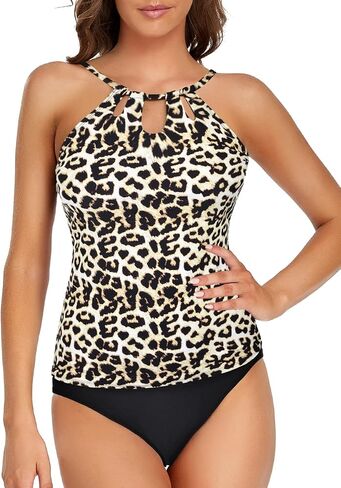 Hilor Women's Tankini Swimsuits High Neck Two Piece Bathing Suits Keyhole Swimwear Tankini with Shorts in Saudi Arabia