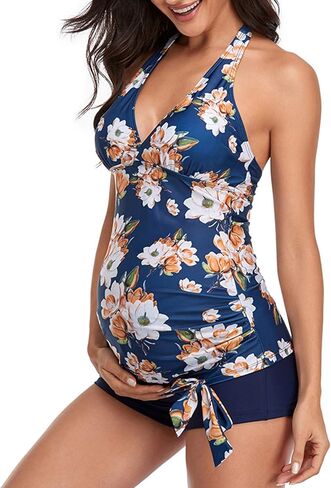 ملابس سباحة نسائية عالية الخصر من Lu's Chic بدلة استحمام للأمهات تانكيني 2 قطعة رقبة على شكل حرف V متواضعة in Kuwait