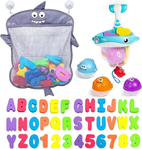 Large Bath Toy Organizer with Letters and Numbers – 3 Compartment Bath Toy Holder for Bathtub & Shower – Quick-Dry Mesh with 4 Strong Adhesive Hooks in Saudi Arabia