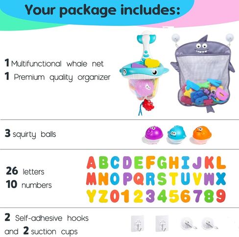Large Bath Toy Organizer with Letters and Numbers – 3 Compartment Bath Toy Holder for Bathtub & Shower – Quick-Dry Mesh with 4 Strong Adhesive Hooks in Saudi Arabia