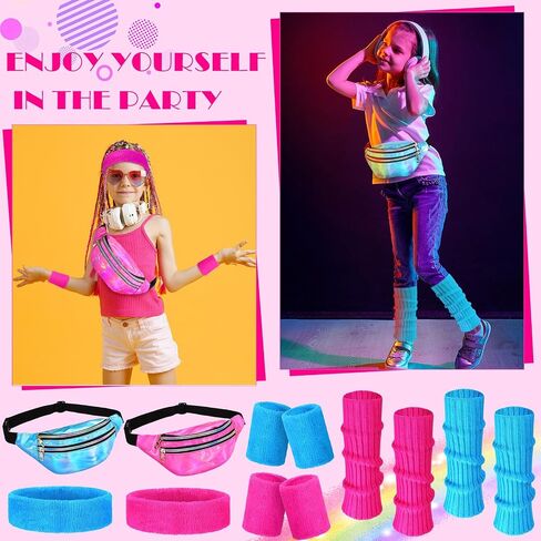 2Set 80s Leg Warmers Set for Girls Kids Neon Ribbed Knit Leg Warmers Fanny Pack Fitness Headband Wristbands for Cosplay Party in Saudi Arabia